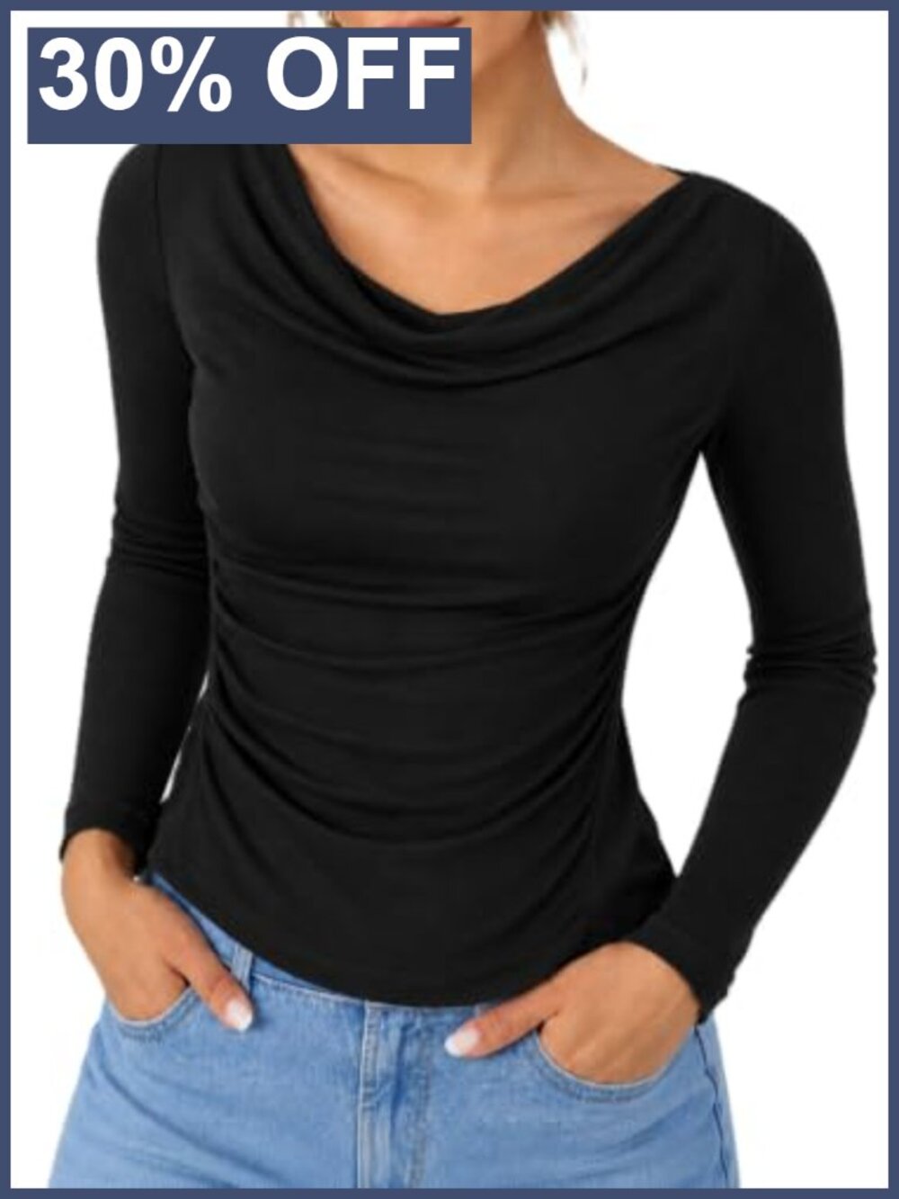 Viscose Elastane Cowl Neck Ruched Long Sleeve Top